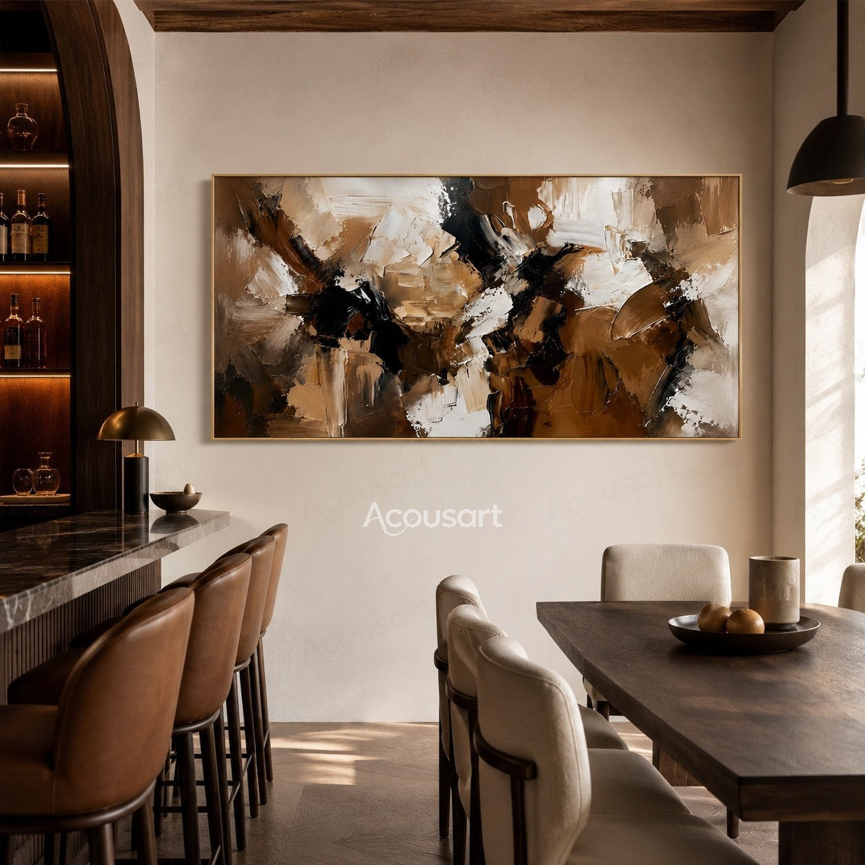 Horizontal abstract textured wall art with layered brown, black, white, beige, and taupe impasto brushstrokes