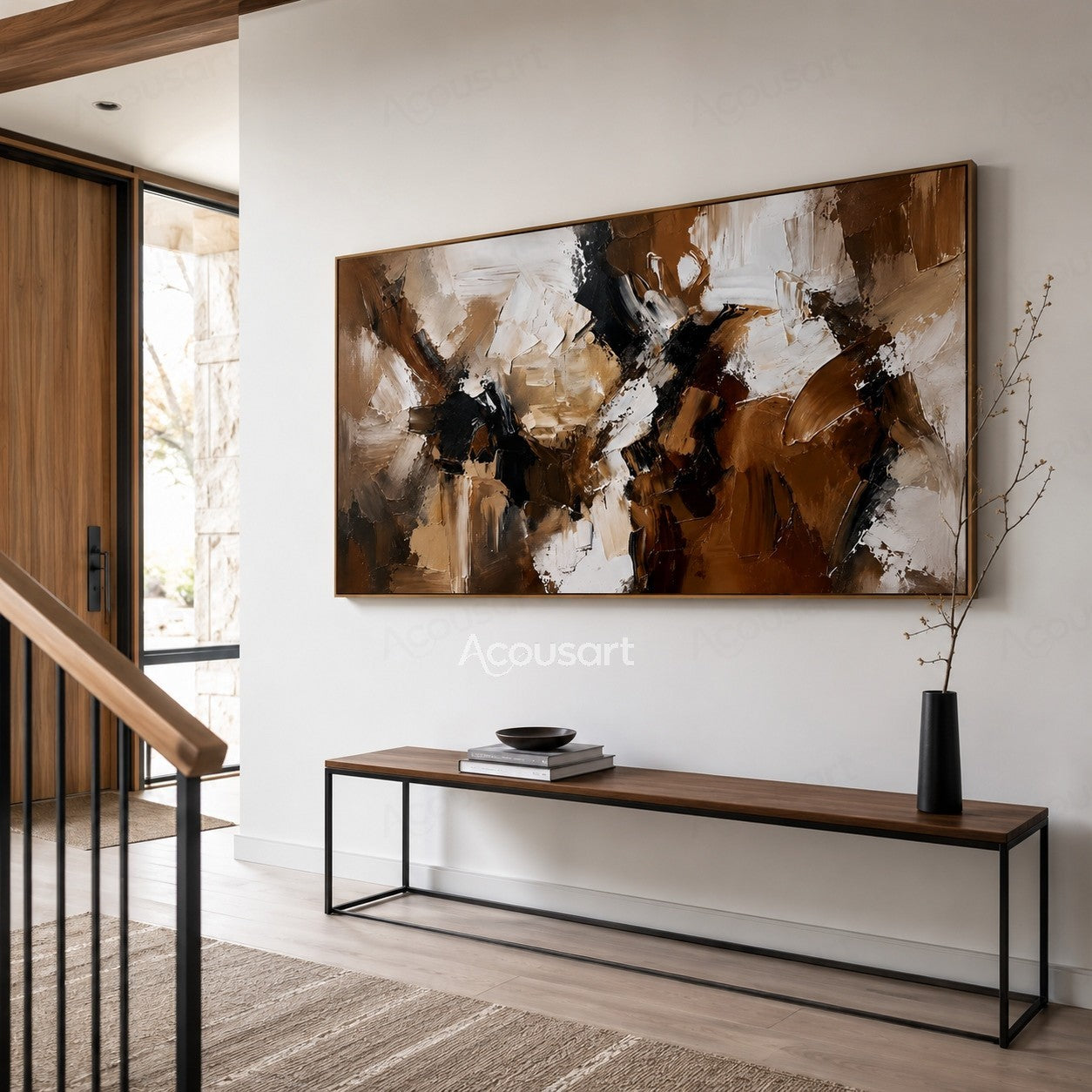 Horizontal abstract textured wall art with layered brown, black, white, beige, and taupe impasto brushstrokes