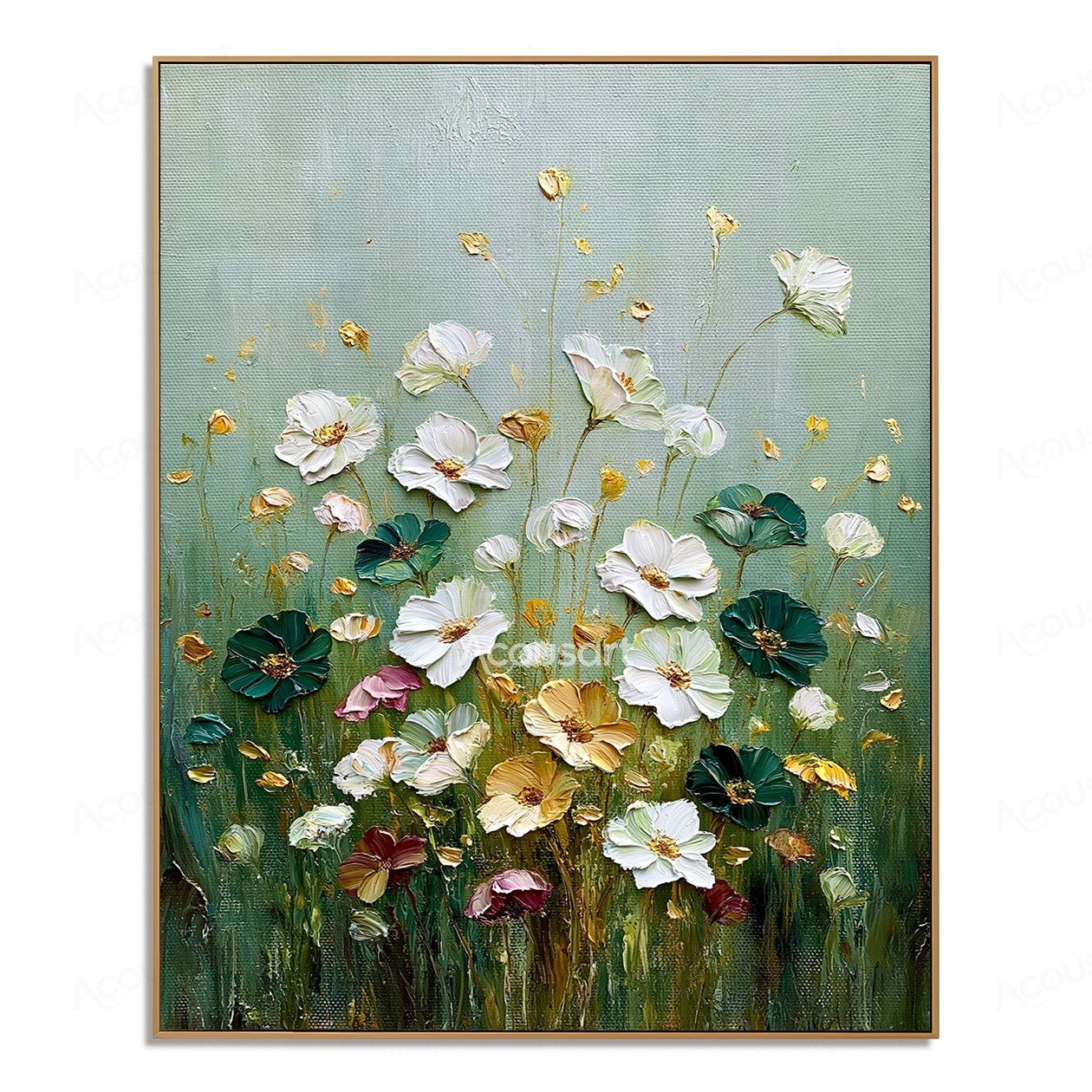 Textured wildflower wall art with white, dark green, gold, pink, and burgundy flowers on a soft sage green background