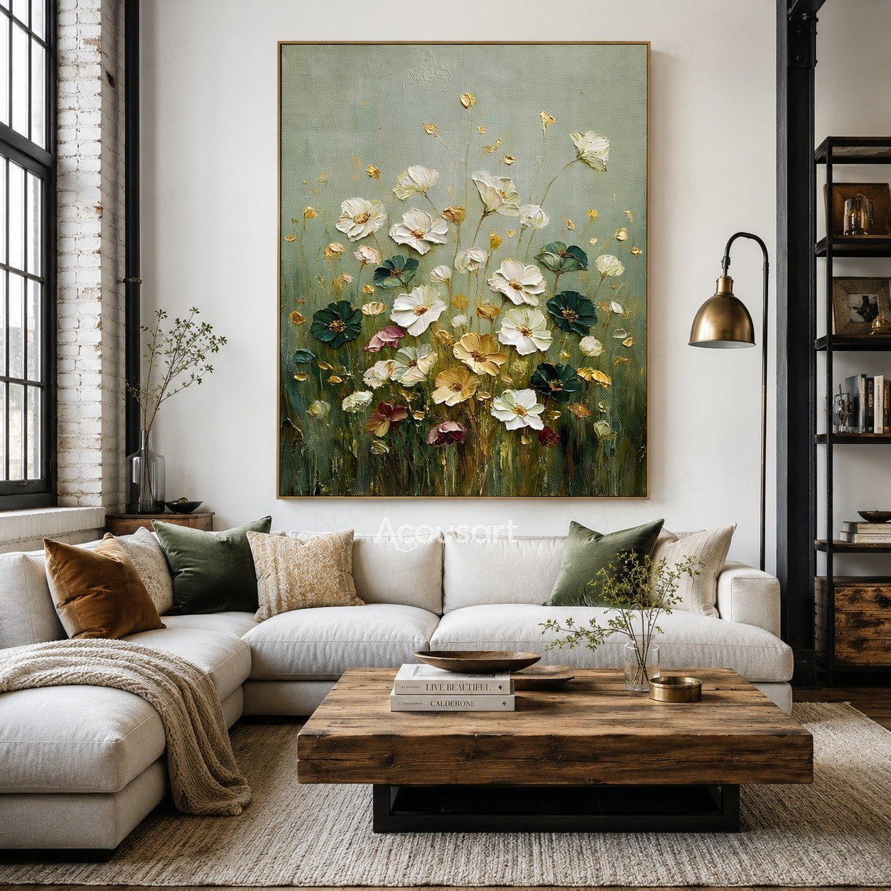 Textured wildflower wall art with white, dark green, gold, pink, and burgundy flowers on a soft sage green background