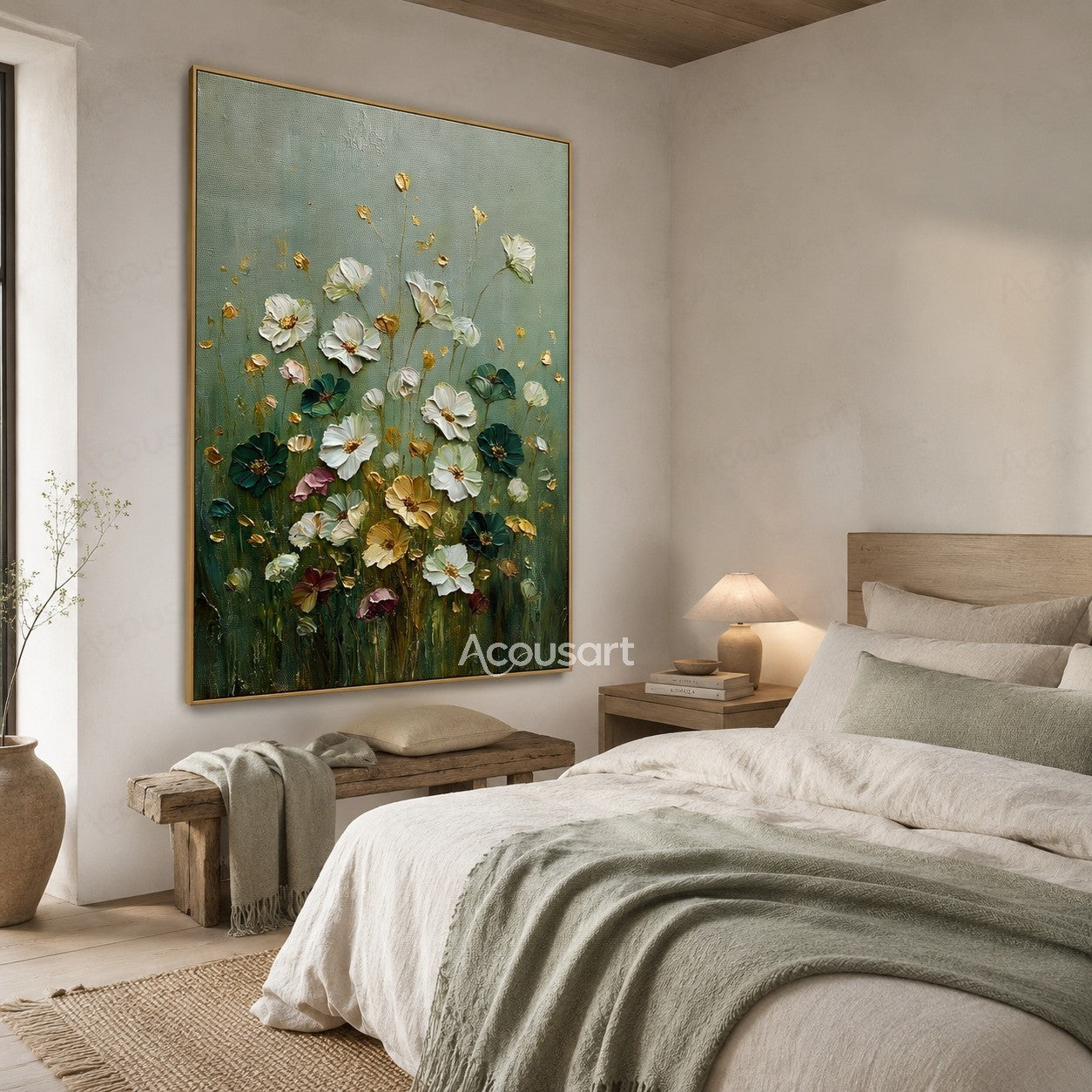 Textured wildflower wall art with white, dark green, gold, pink, and burgundy flowers on a soft sage green background