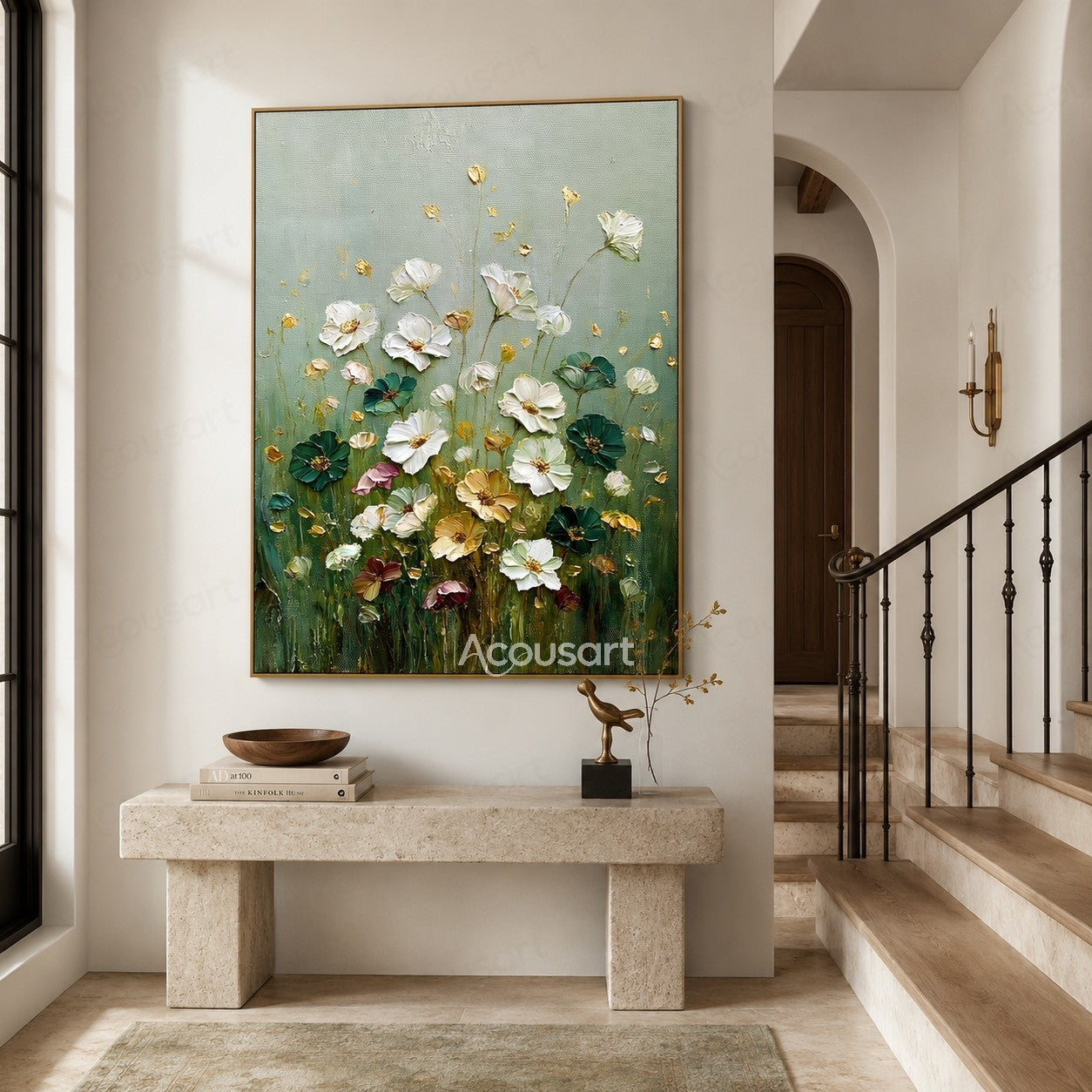 Textured wildflower wall art with white, dark green, gold, pink, and burgundy flowers on a soft sage green background