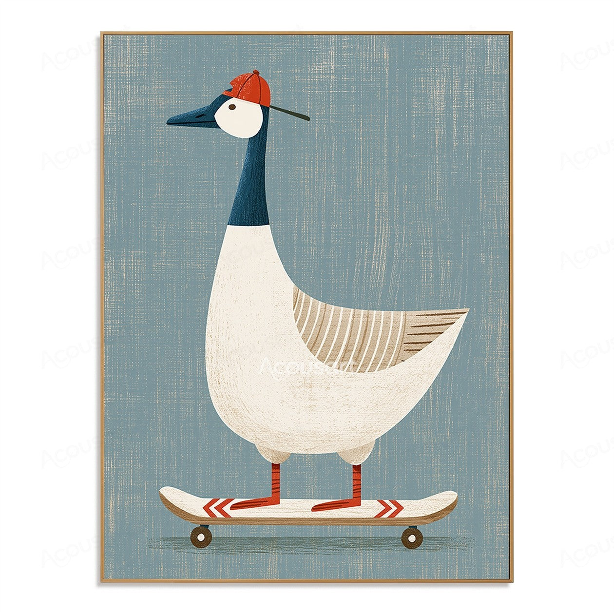 Playful textured goose wall art featuring a white goose wearing an orange hat riding a skateboard on a blue background