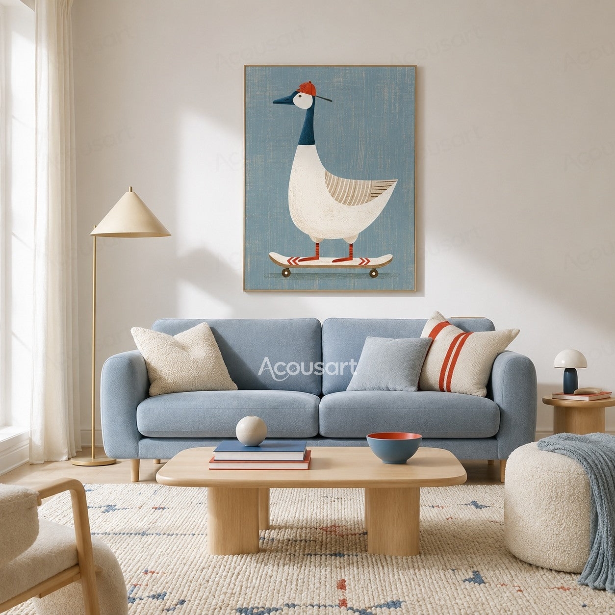 Playful textured goose wall art featuring a white goose wearing an orange hat riding a skateboard on a blue background