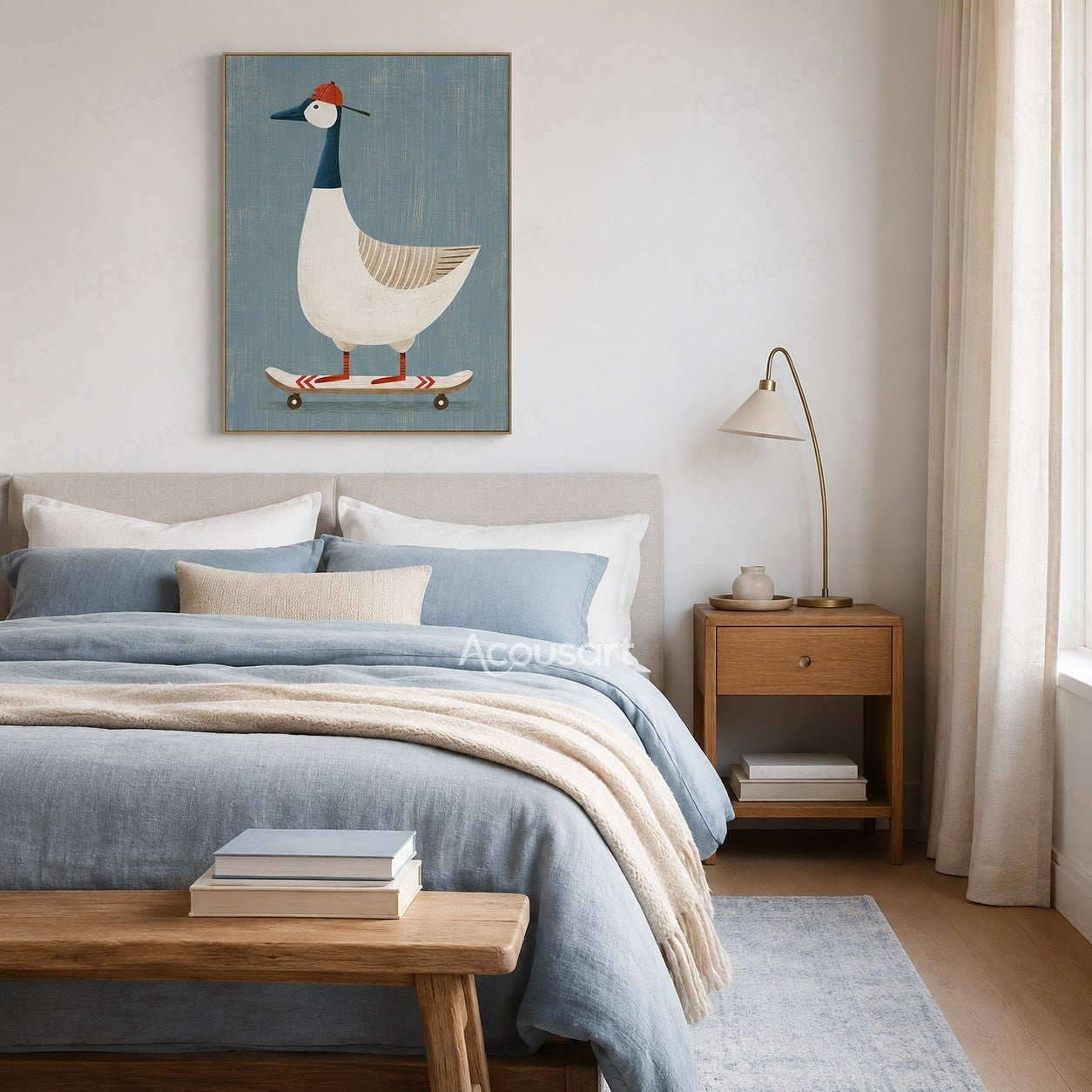 Playful textured goose wall art featuring a white goose wearing an orange hat riding a skateboard on a blue background