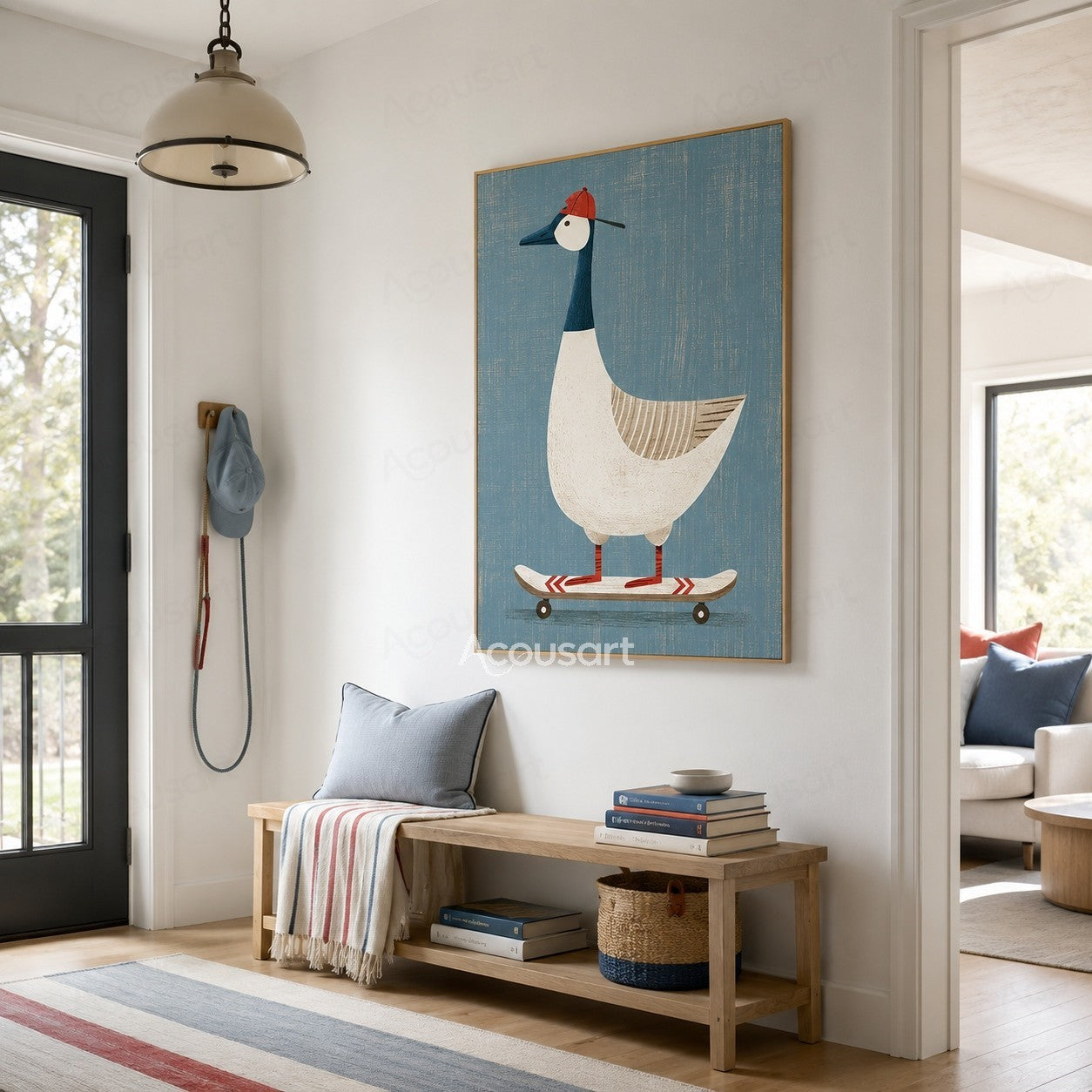 Playful textured goose wall art featuring a white goose wearing an orange hat riding a skateboard on a blue background