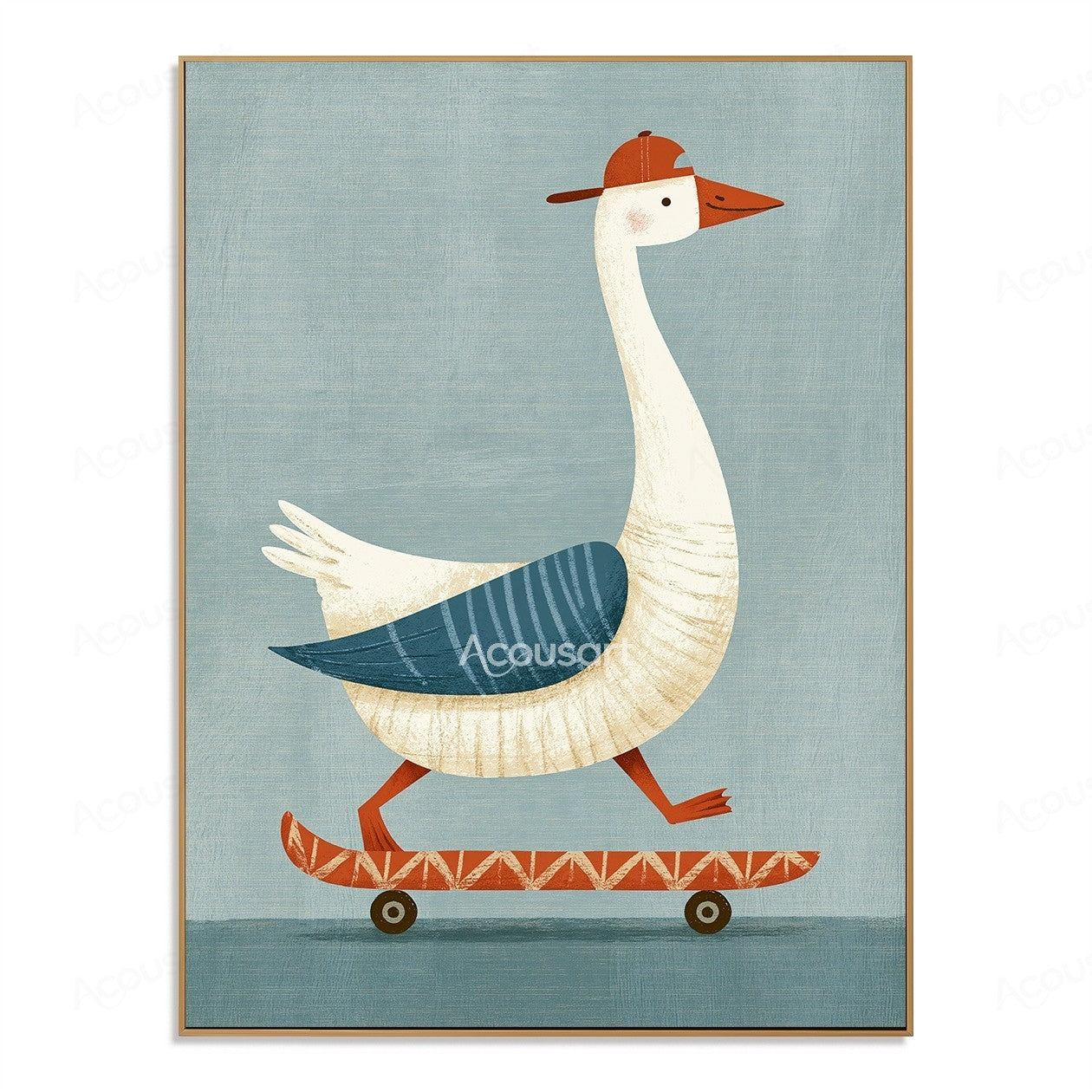 Cute white goose wearing a red cap riding a skateboard on a textured blue background wall art