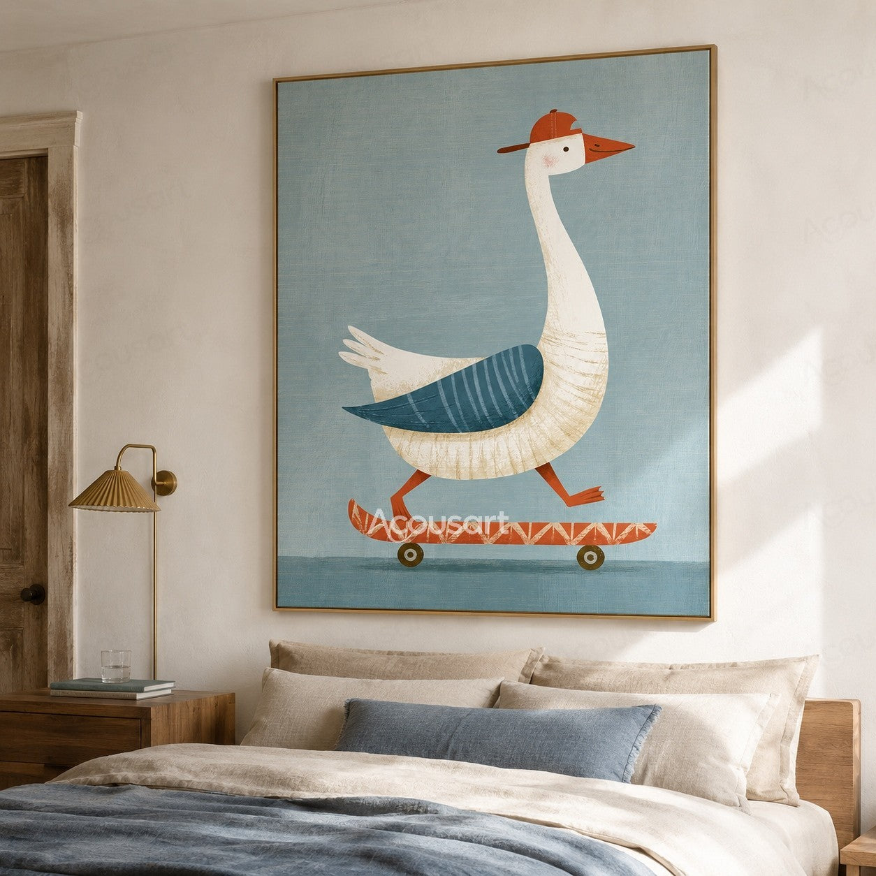 Cute white goose wearing a red cap riding a skateboard on a textured blue background wall art