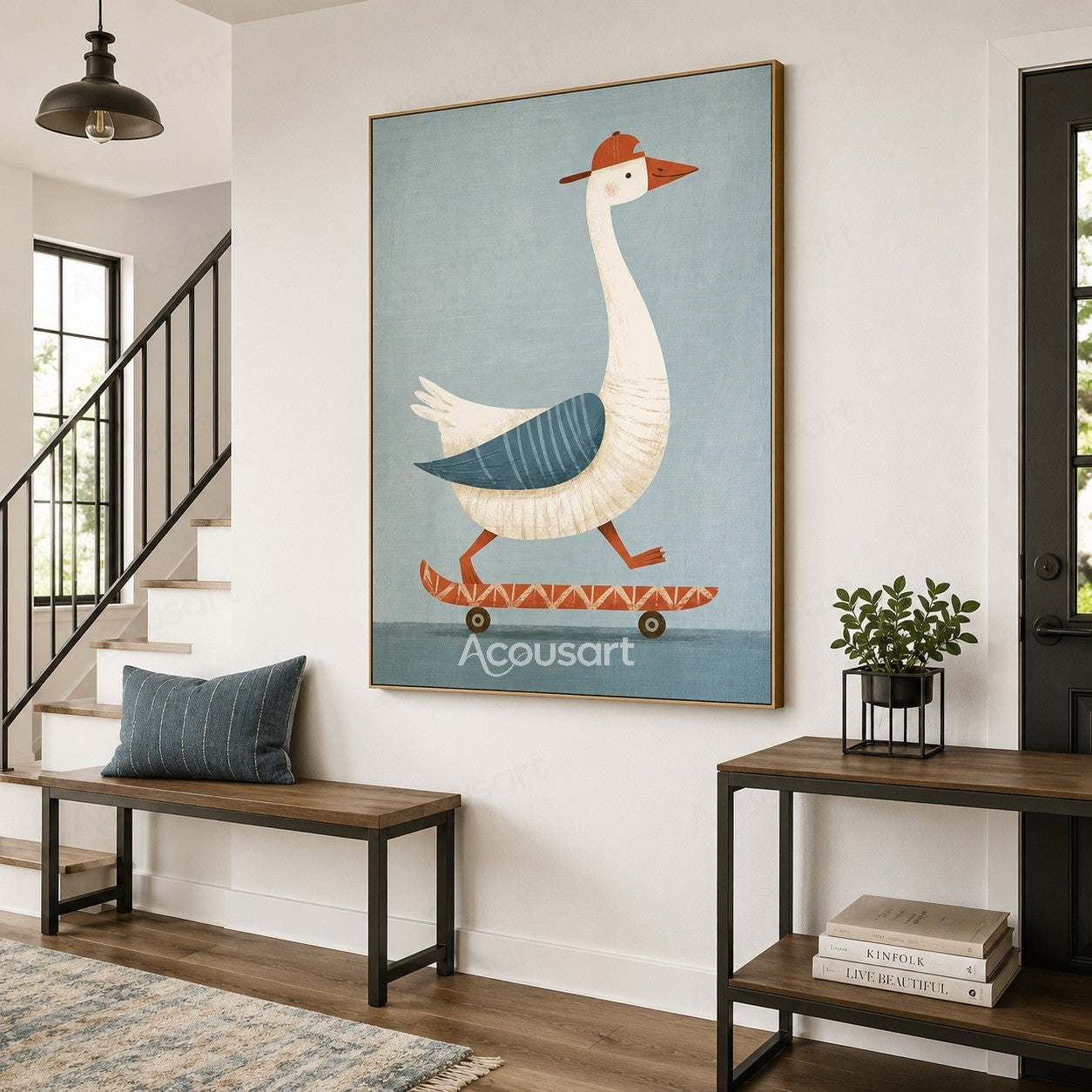 Cute white goose wearing a red cap riding a skateboard on a textured blue background wall art