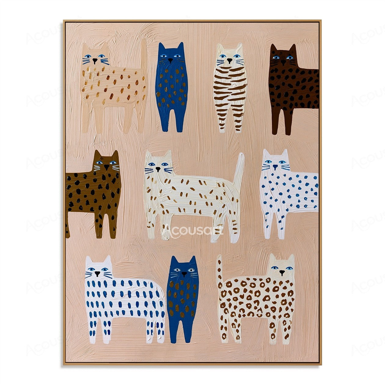 Colorful textured wall art featuring ten blue, white, brown, striped, and spotted cats on a blush beige background