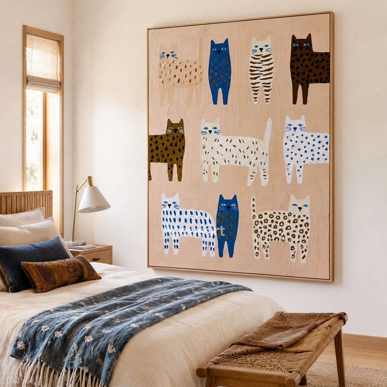 Colorful textured wall art featuring ten blue, white, brown, striped, and spotted cats on a blush beige background