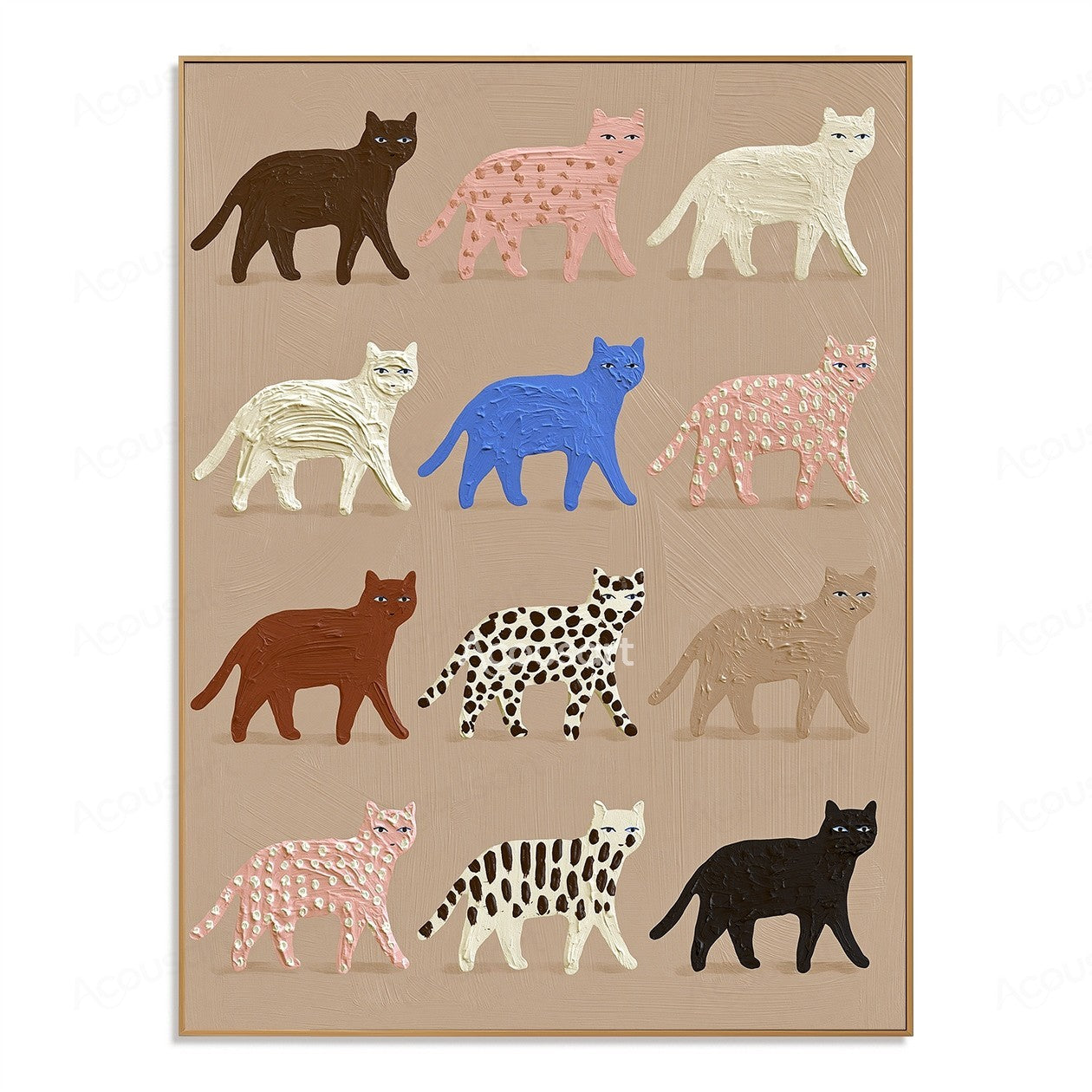 Colorful textured cat wall art featuring twelve cats in black, white, pink, blue, brown, striped, and spotted patterns