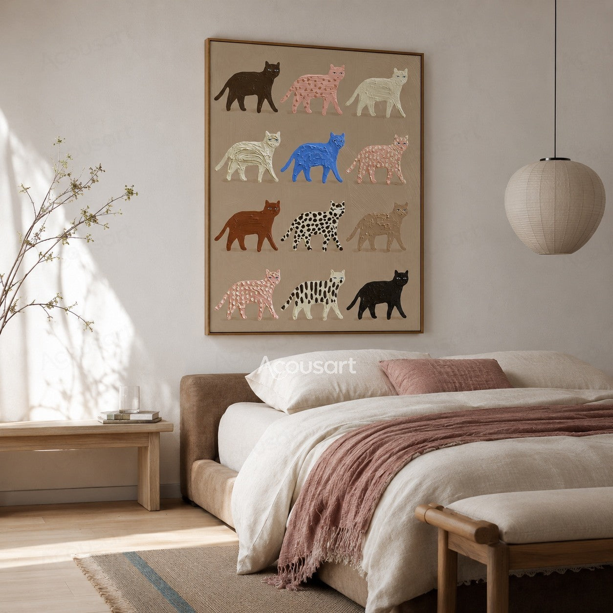 Colorful textured cat wall art featuring twelve cats in black, white, pink, blue, brown, striped, and spotted patterns