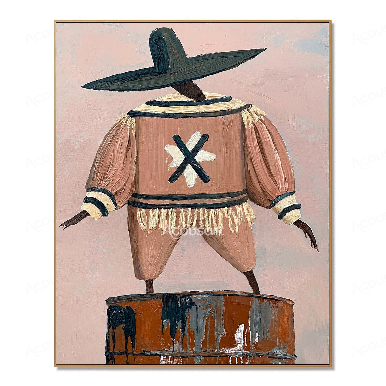 Whimsical textured figurative wall art of a wide-hat character in a blush outfit balancing on a painted barrel