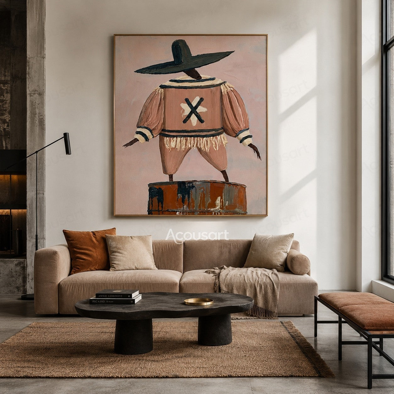Whimsical textured figurative wall art of a wide-hat character in a blush outfit balancing on a painted barrel