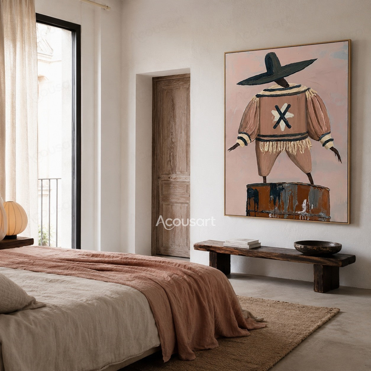 Whimsical textured figurative wall art of a wide-hat character in a blush outfit balancing on a painted barrel