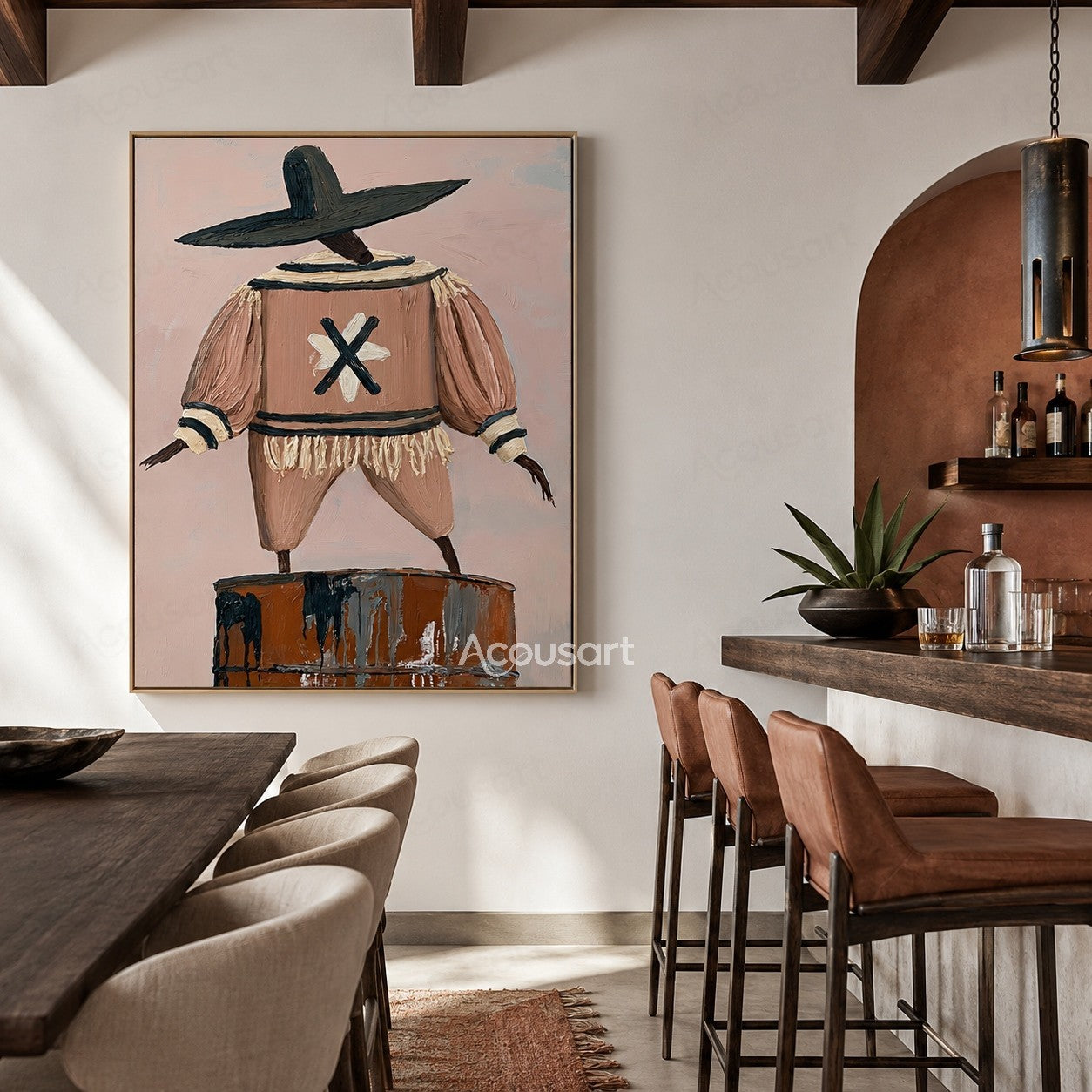 Whimsical textured figurative wall art of a wide-hat character in a blush outfit balancing on a painted barrel