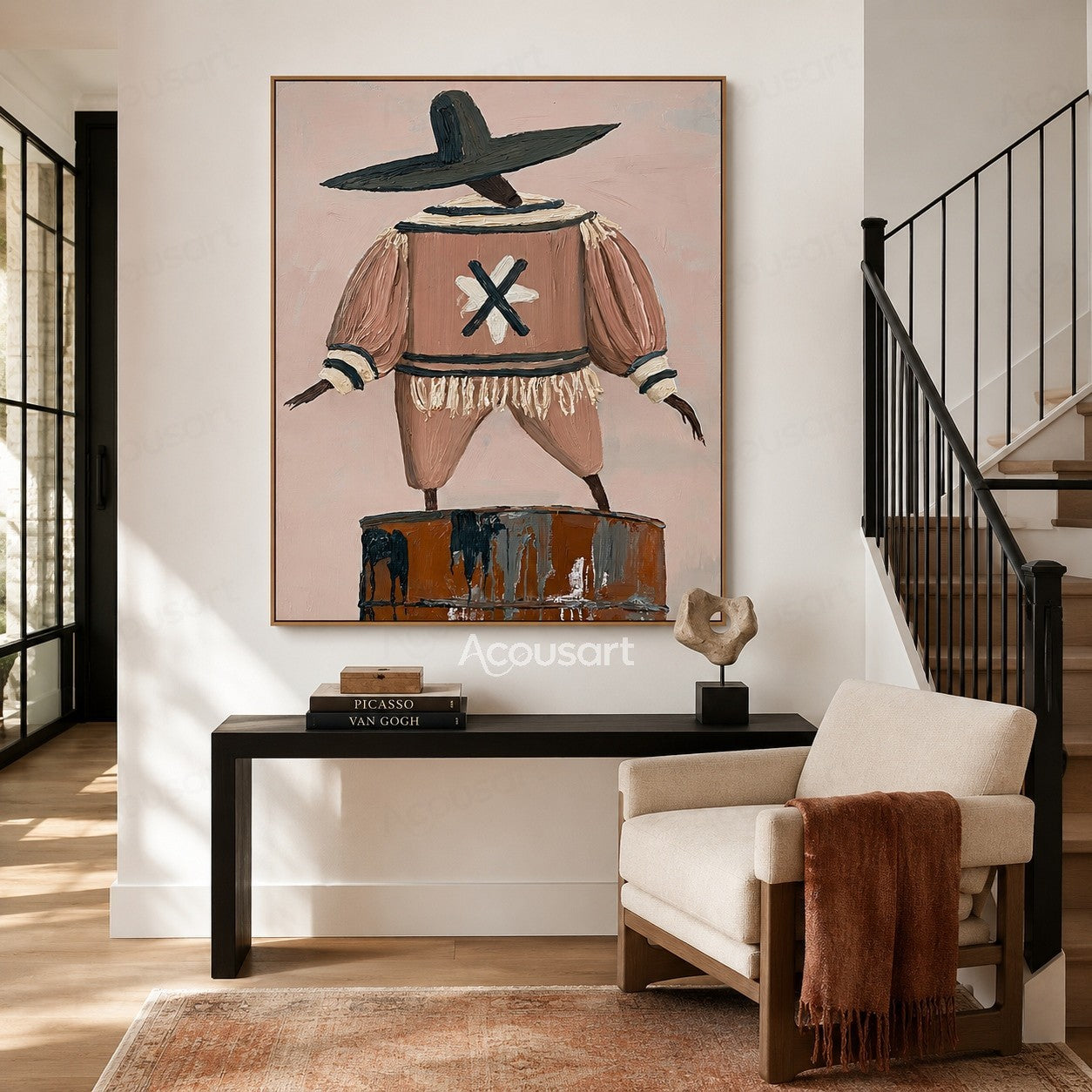 Whimsical textured figurative wall art of a wide-hat character in a blush outfit balancing on a painted barrel