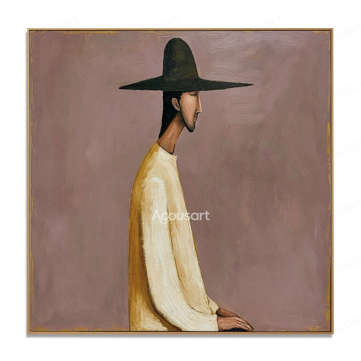 Modern figurative wall art of a side profile figure wearing a wide dark hat and cream clothing on a muted mauve textured background