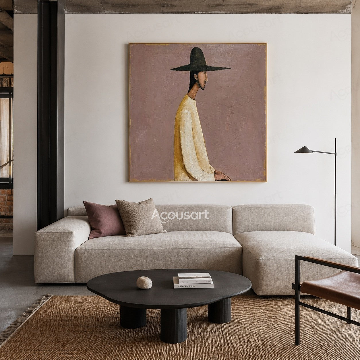 Modern figurative wall art of a side profile figure wearing a wide dark hat and cream clothing on a muted mauve textured background