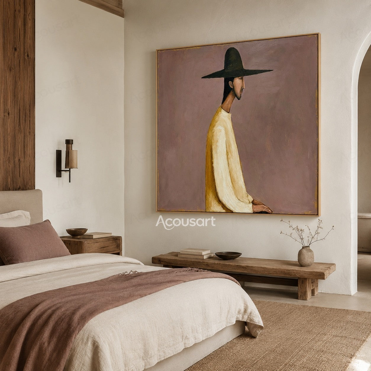 Modern figurative wall art of a side profile figure wearing a wide dark hat and cream clothing on a muted mauve textured background