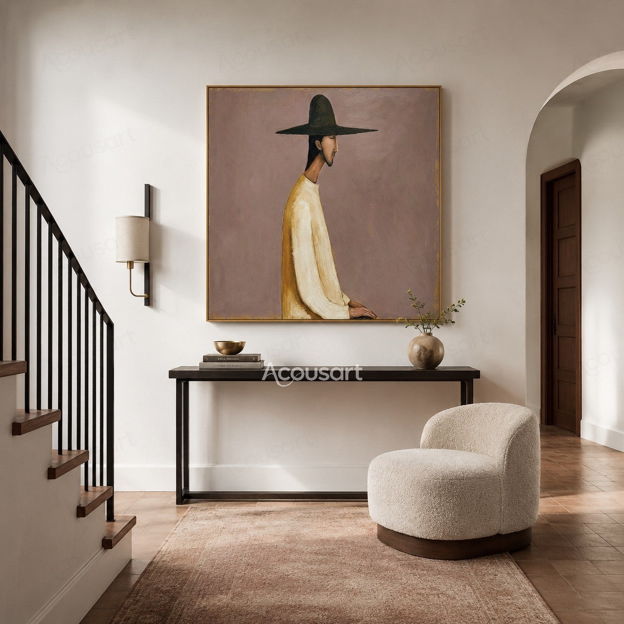 Modern figurative wall art of a side profile figure wearing a wide dark hat and cream clothing on a muted mauve textured background
