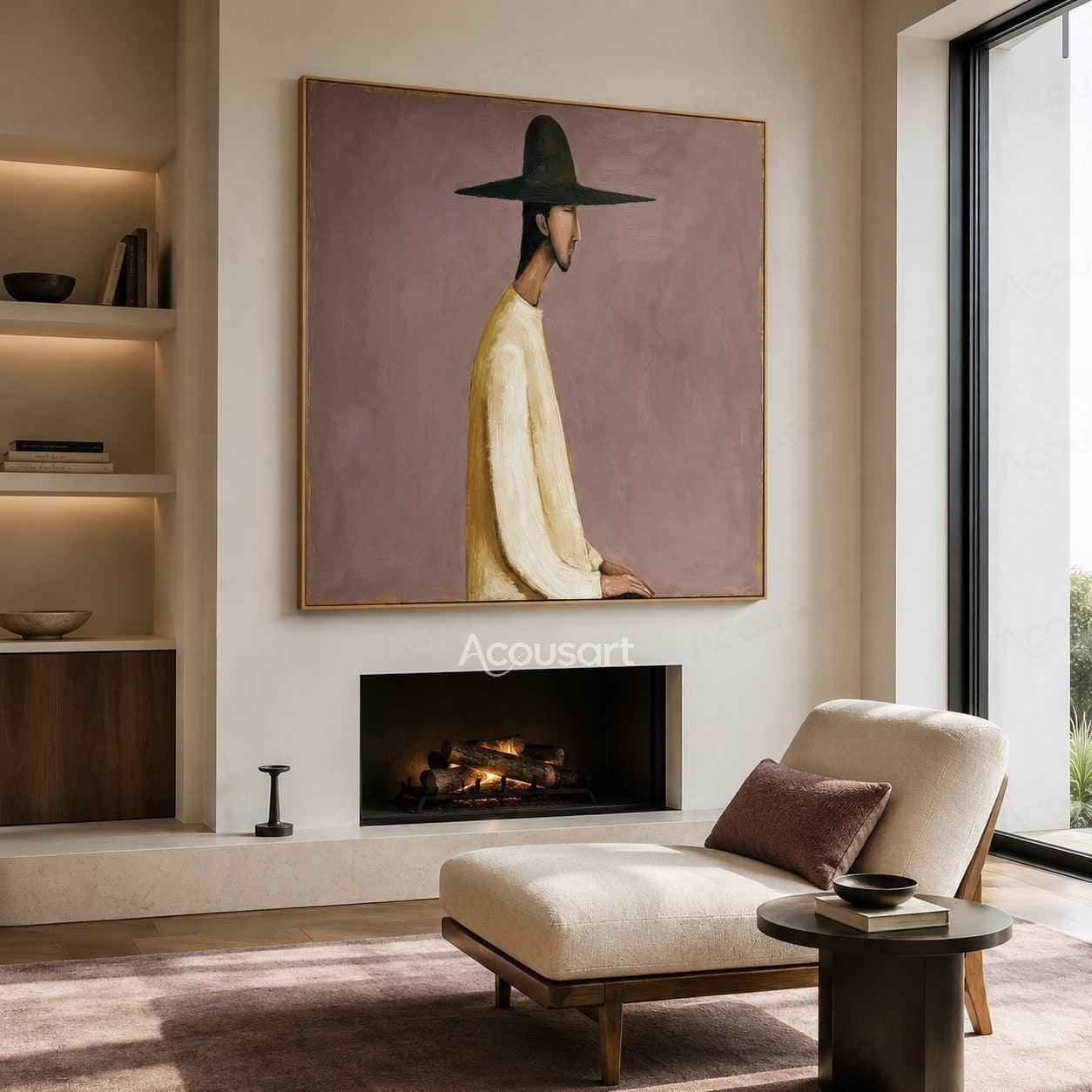 Modern figurative wall art of a side profile figure wearing a wide dark hat and cream clothing on a muted mauve textured background