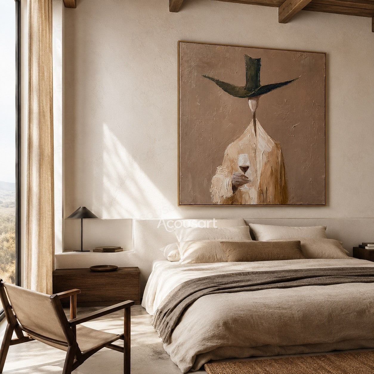 Modern figurative wine wall art of a stylish figure in a wide dark hat holding a red wine glass on a warm taupe textured background
