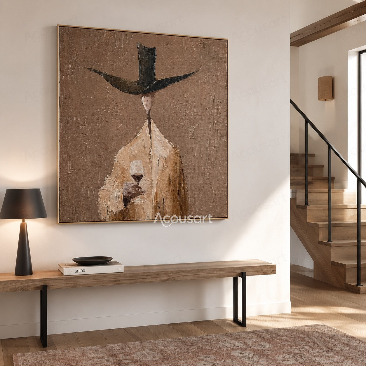 Modern figurative wine wall art of a stylish figure in a wide dark hat holding a red wine glass on a warm taupe textured background