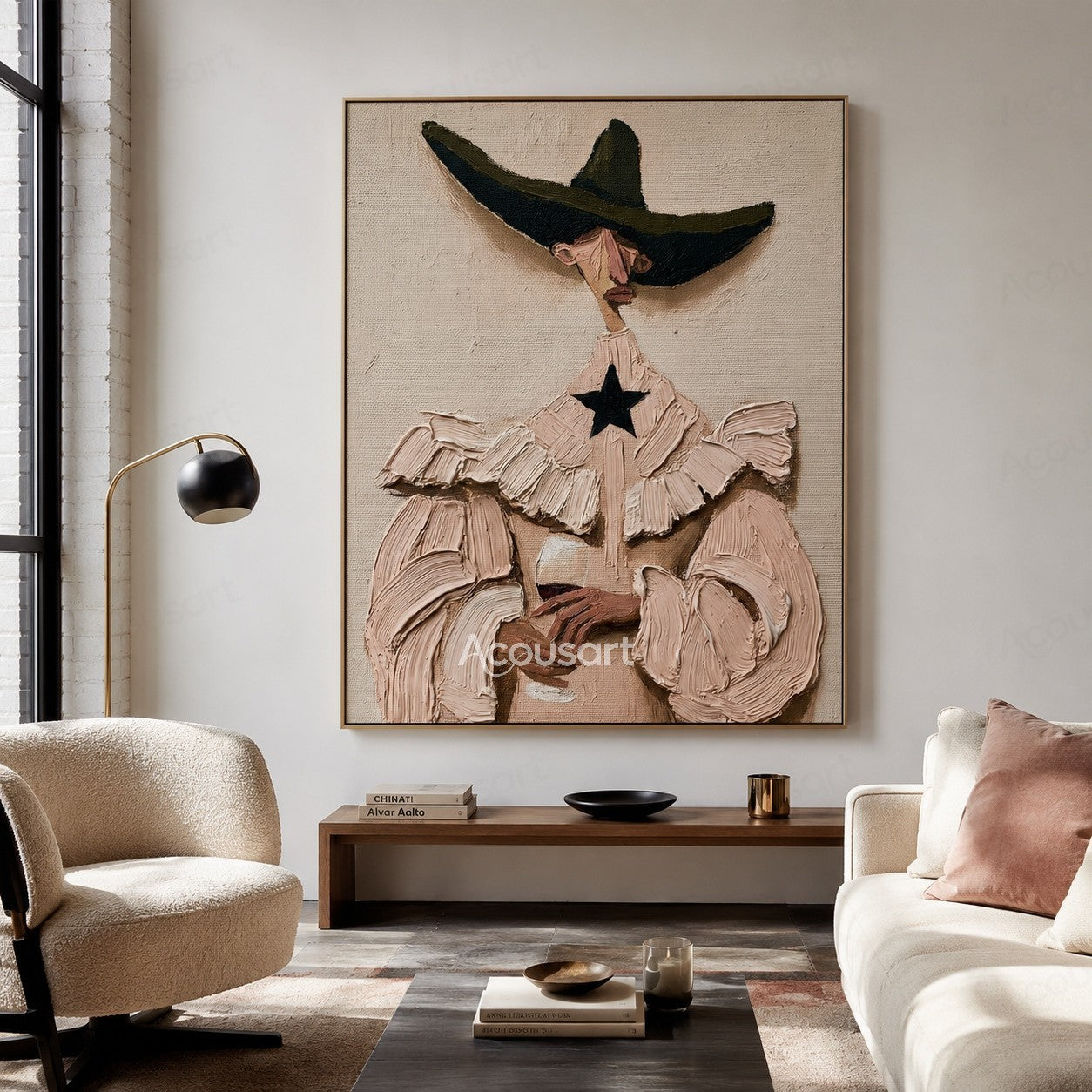 Textured fashion wall art of a woman in a wide-brim hat, ruffled blush dress, black star collar, and holding a wine glass