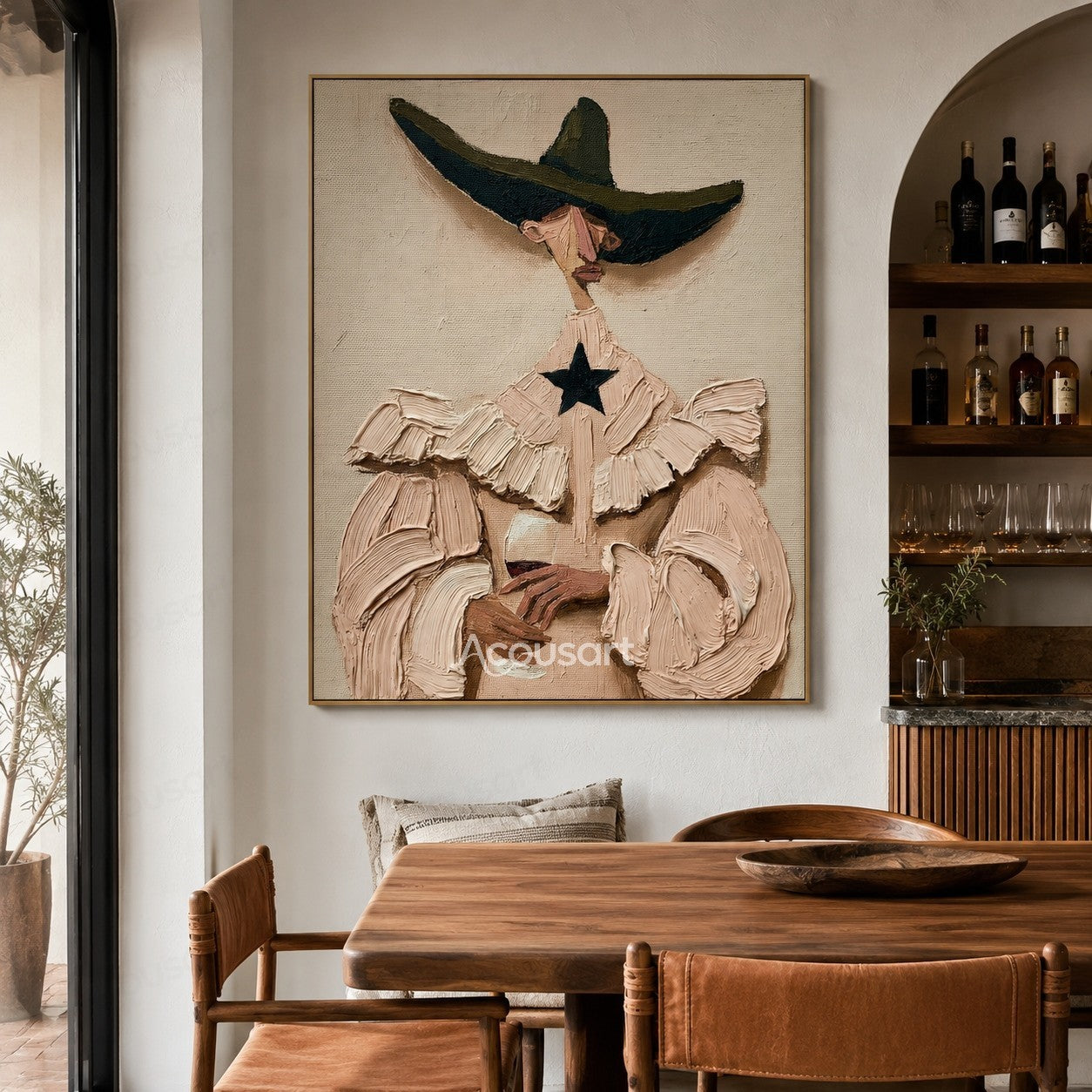 Textured fashion wall art of a woman in a wide-brim hat, ruffled blush dress, black star collar, and holding a wine glass