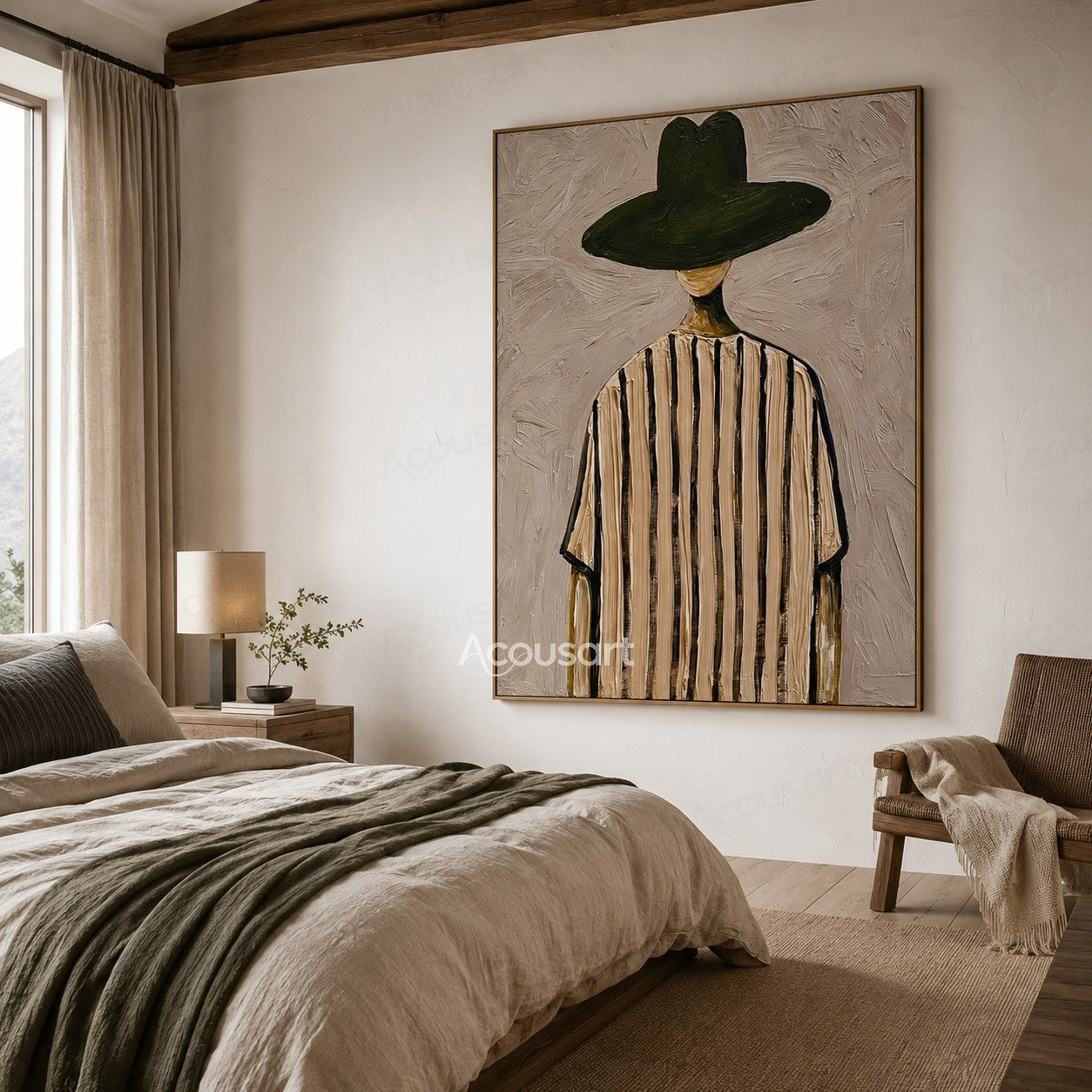 Minimalist back view figure wall art with a wide dark green hat and cream striped clothing on a textured mauve beige background