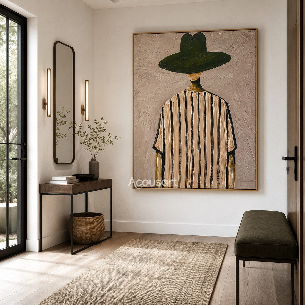 Minimalist back view figure wall art with a wide dark green hat and cream striped clothing on a textured mauve beige background