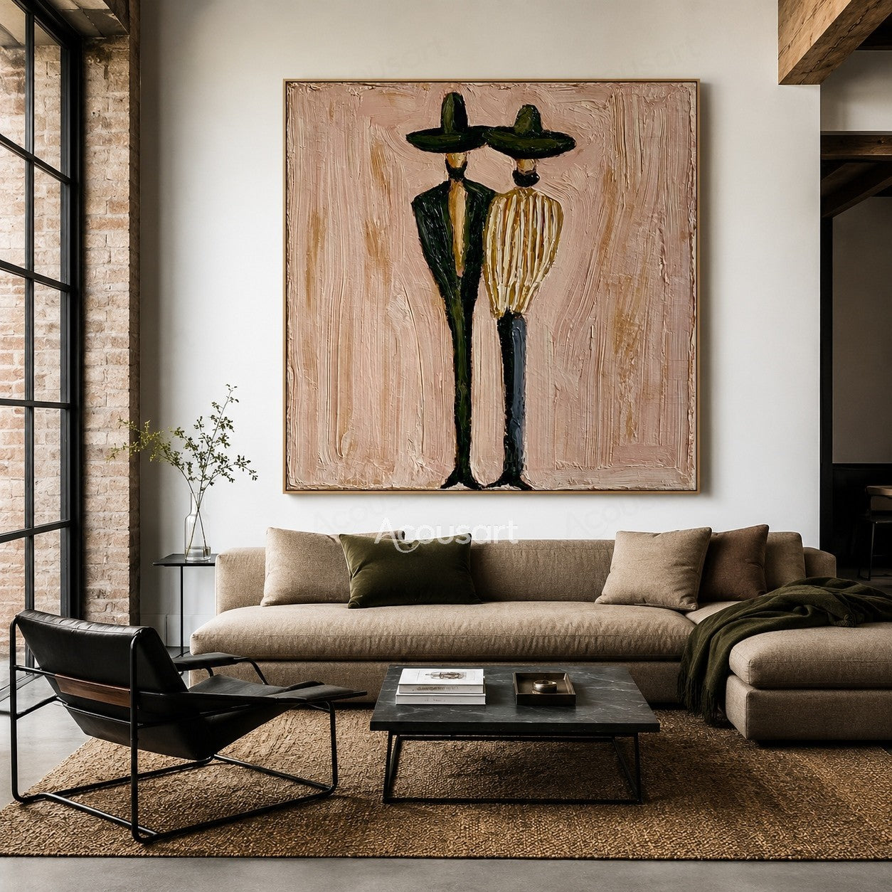 Minimalist couple figure wall art with two tall figures in dark hats on a warm beige textured background