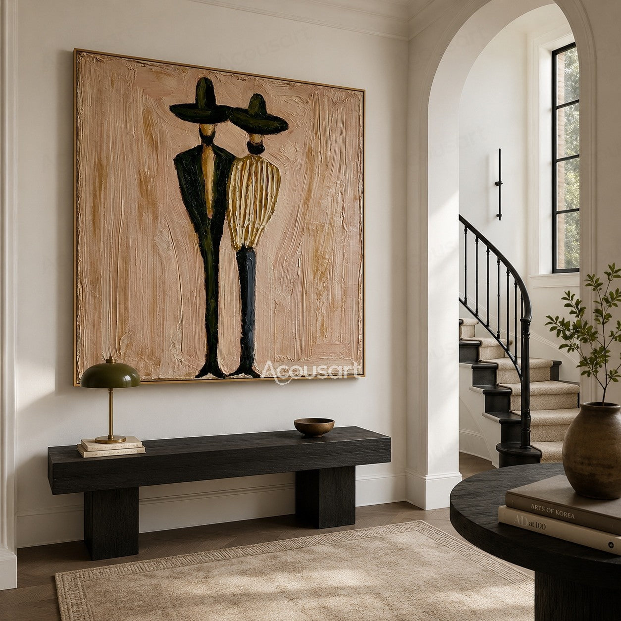 Minimalist couple figure wall art with two tall figures in dark hats on a warm beige textured background