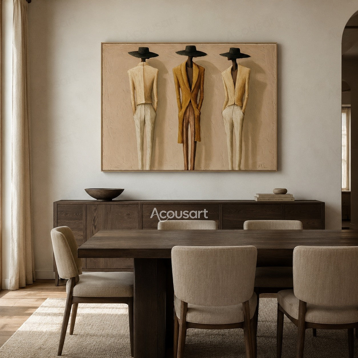 Neutral figurative wall art featuring three tall fashion figures in black hats, cream suits, and a golden-brown coat