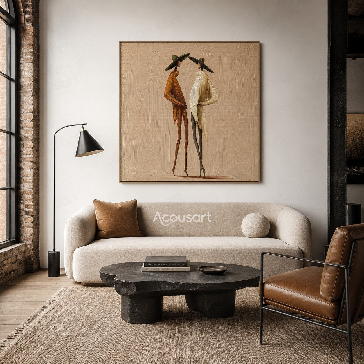 Minimalist two figures wall art featuring tall figures in wide hats on a warm beige textured background