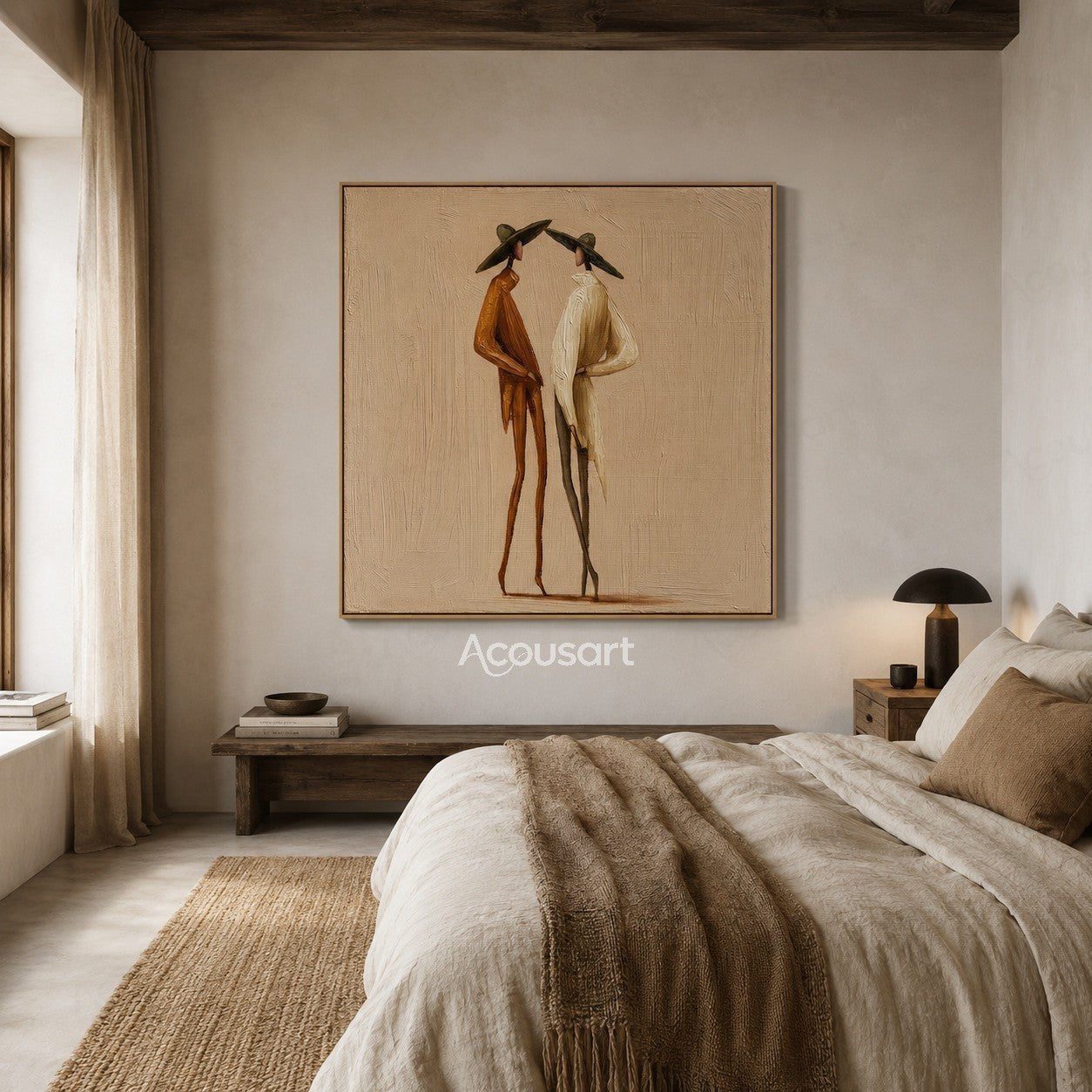 Minimalist two figures wall art featuring tall figures in wide hats on a warm beige textured background