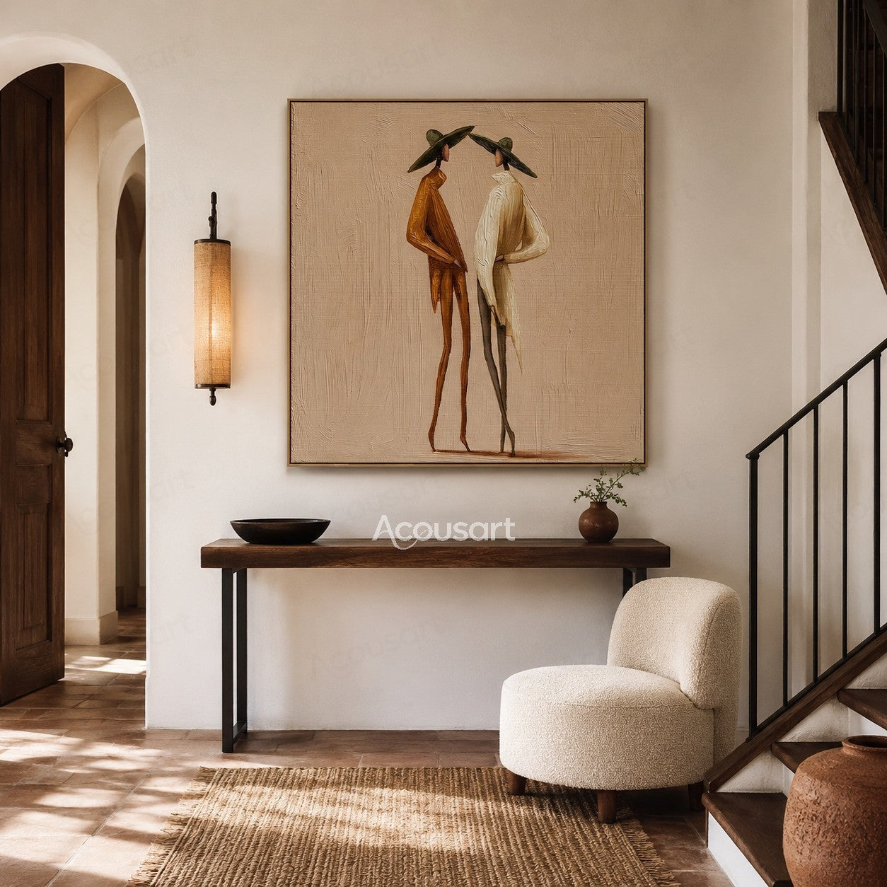 Minimalist two figures wall art featuring tall figures in wide hats on a warm beige textured background