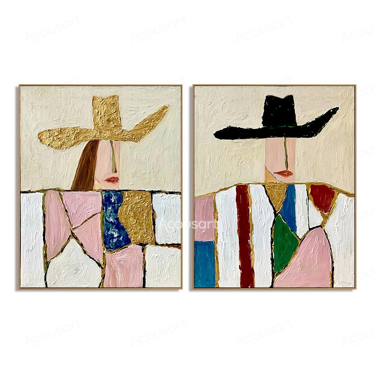 Colorful two piece portrait wall art featuring modern figures in large gold and black hats with textured patchwork clothing