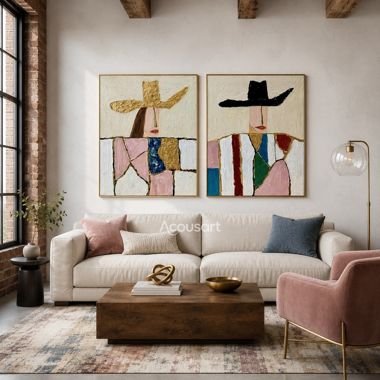 Colorful two piece portrait wall art featuring modern figures in large gold and black hats with textured patchwork clothing