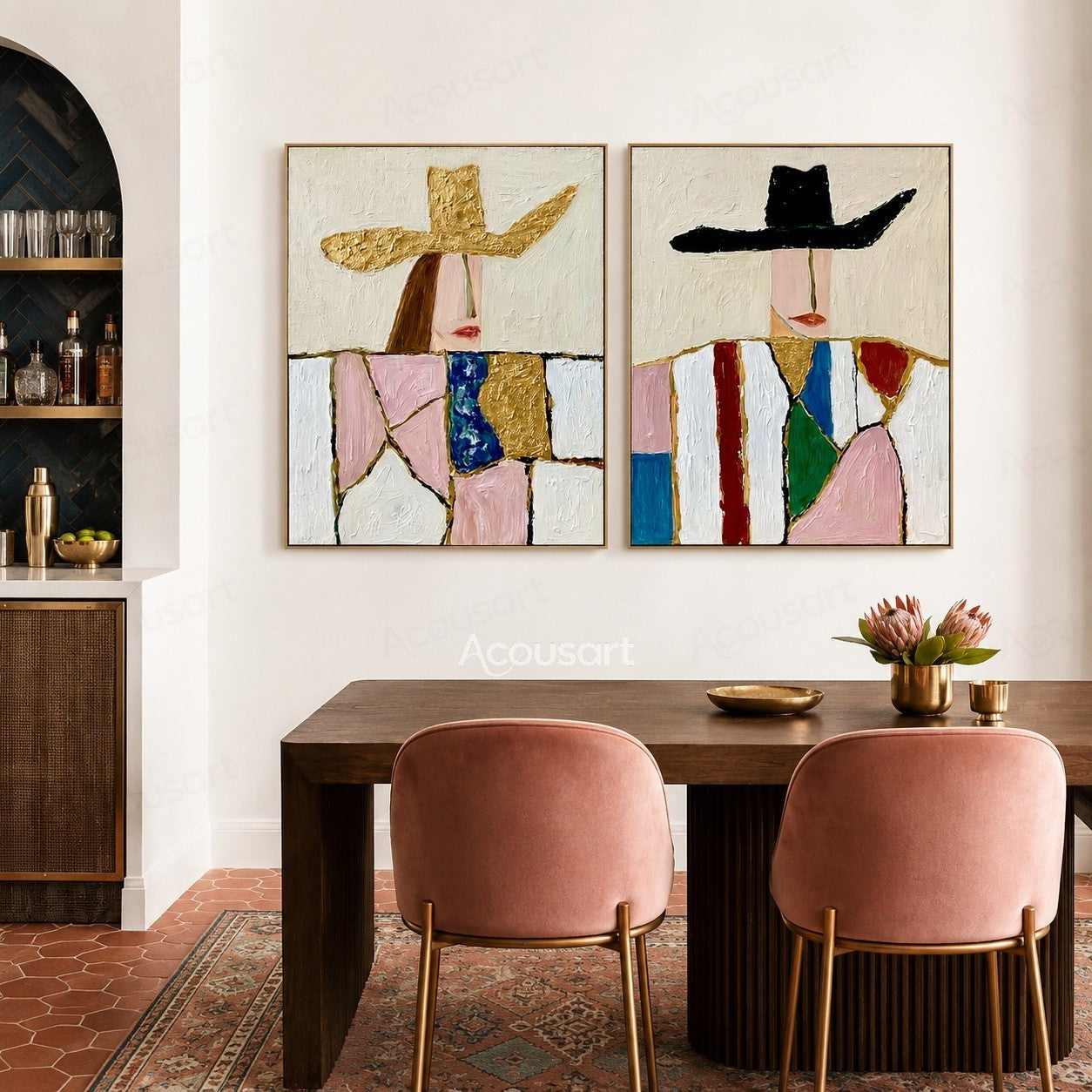Colorful two piece portrait wall art featuring modern figures in large gold and black hats with textured patchwork clothing