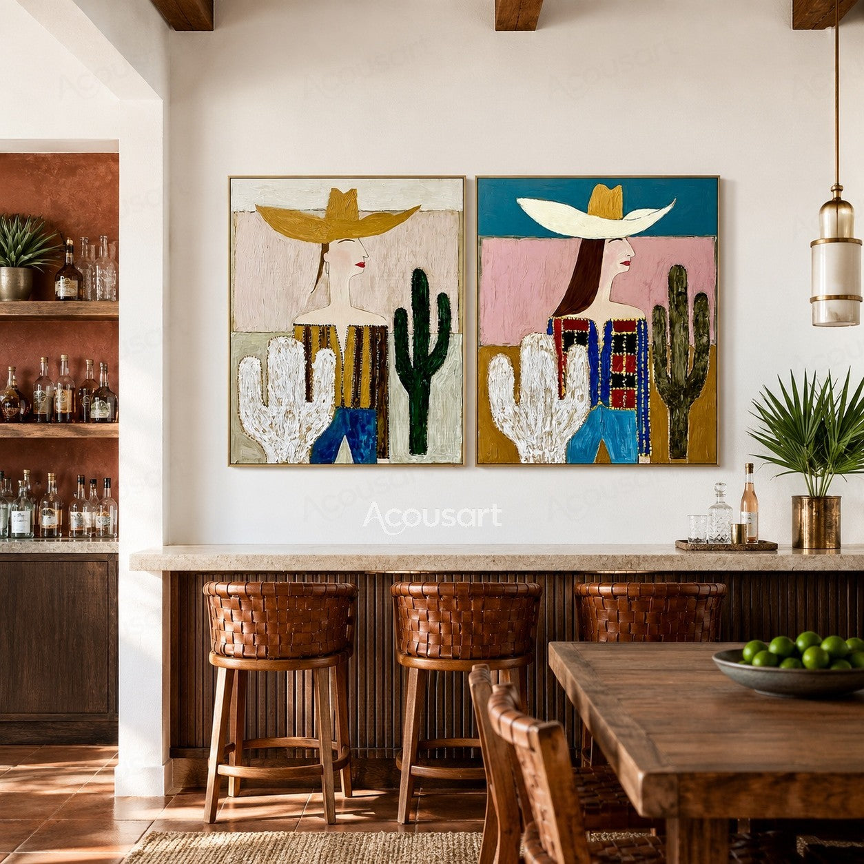 Two piece cactus figurative wall art featuring women in wide hats with colorful desert-inspired backgrounds