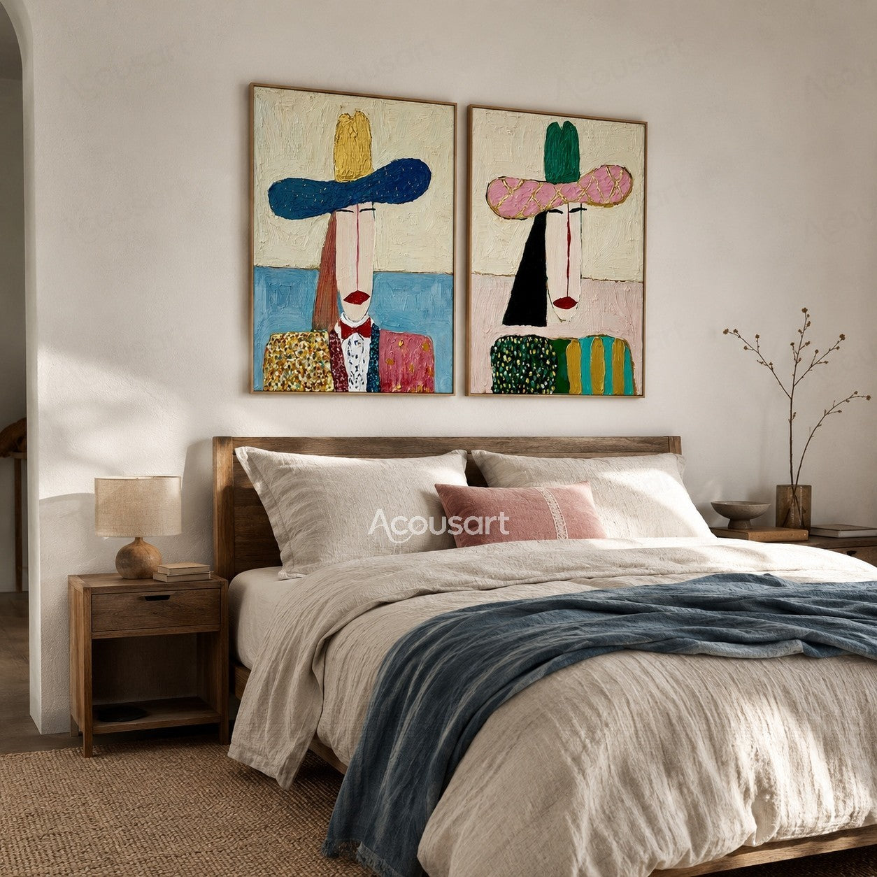 Two piece modern figurative wall art with colorful portraits in large hats