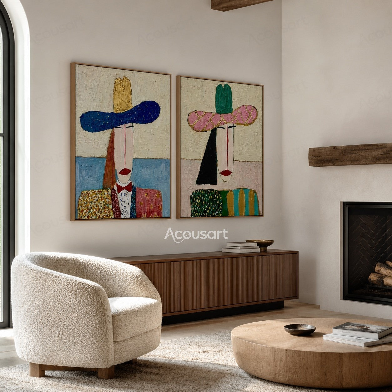 Two piece modern figurative wall art with colorful portraits in large hats