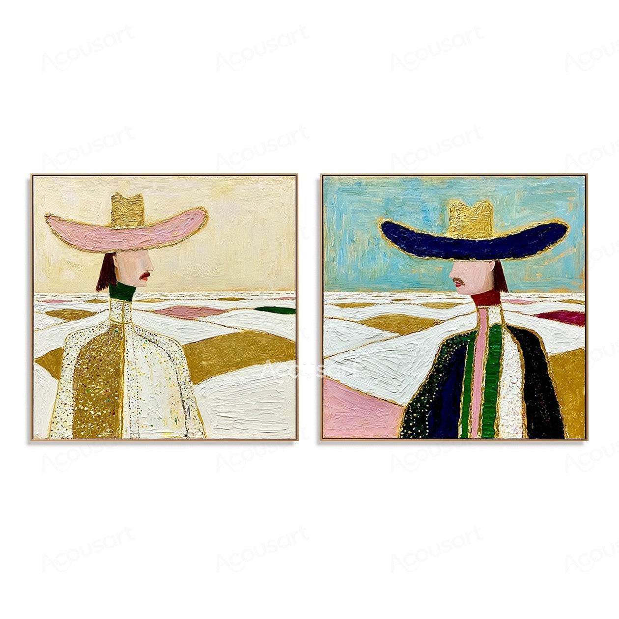 Two piece figurative wall art of elegant women in wide-brim hats with gold, pink, blue, and green landscape backgrounds