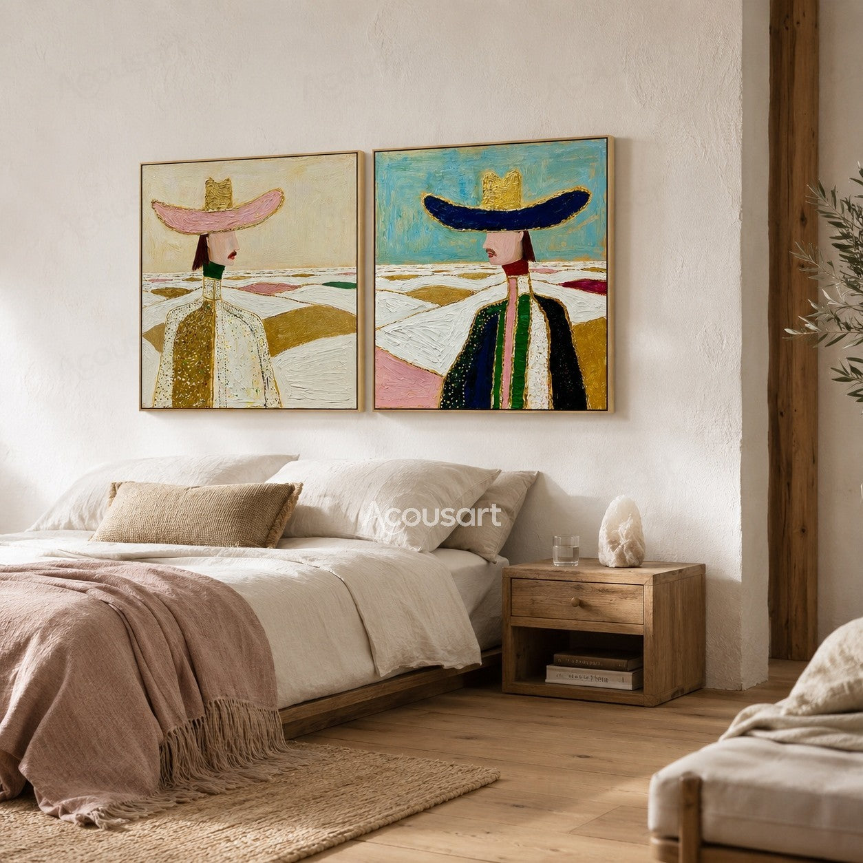 Two piece figurative wall art of elegant women in wide-brim hats with gold, pink, blue, and green landscape backgrounds