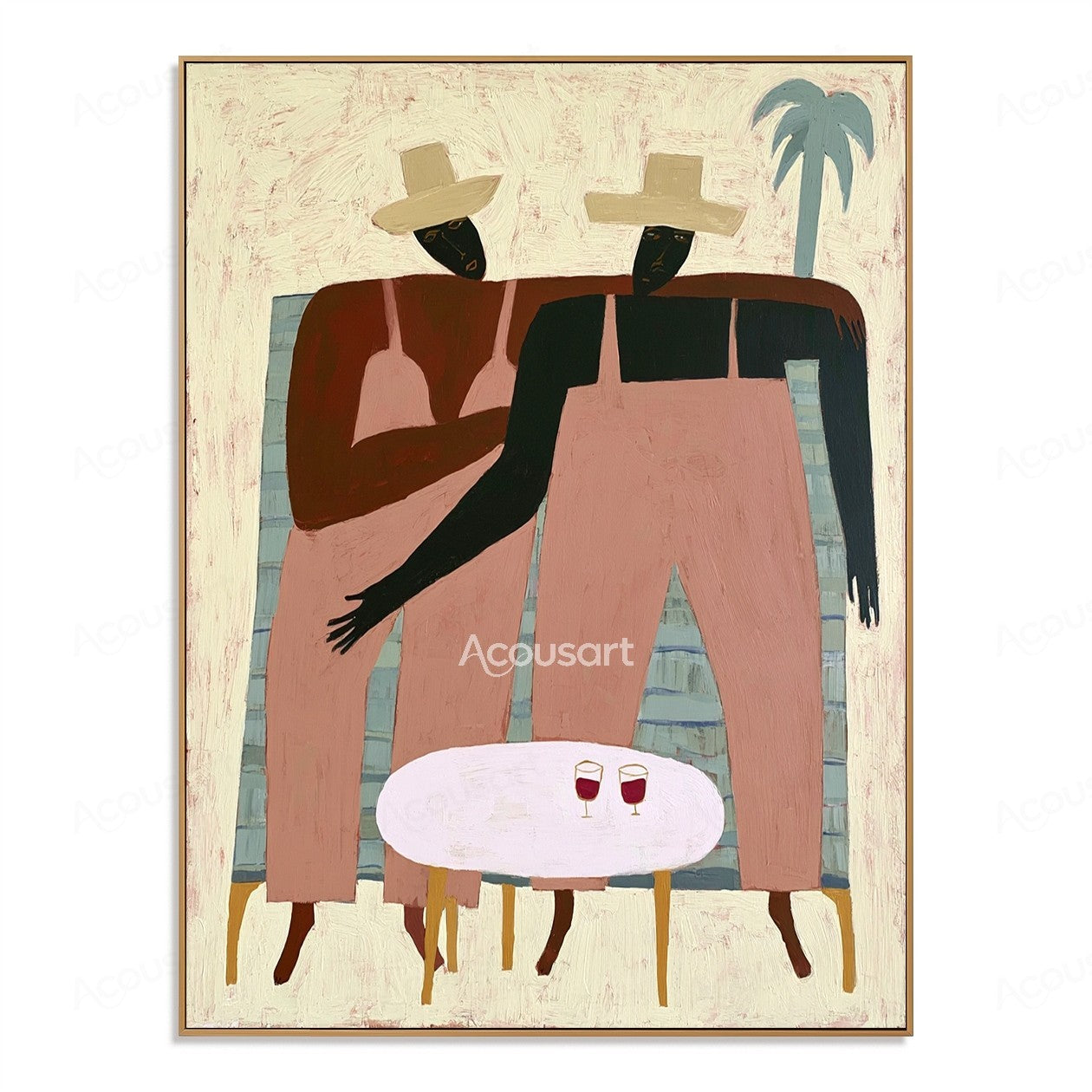 Modern figurative wall art of two women in cream sun hats sitting together with drinks and a blue palm tree