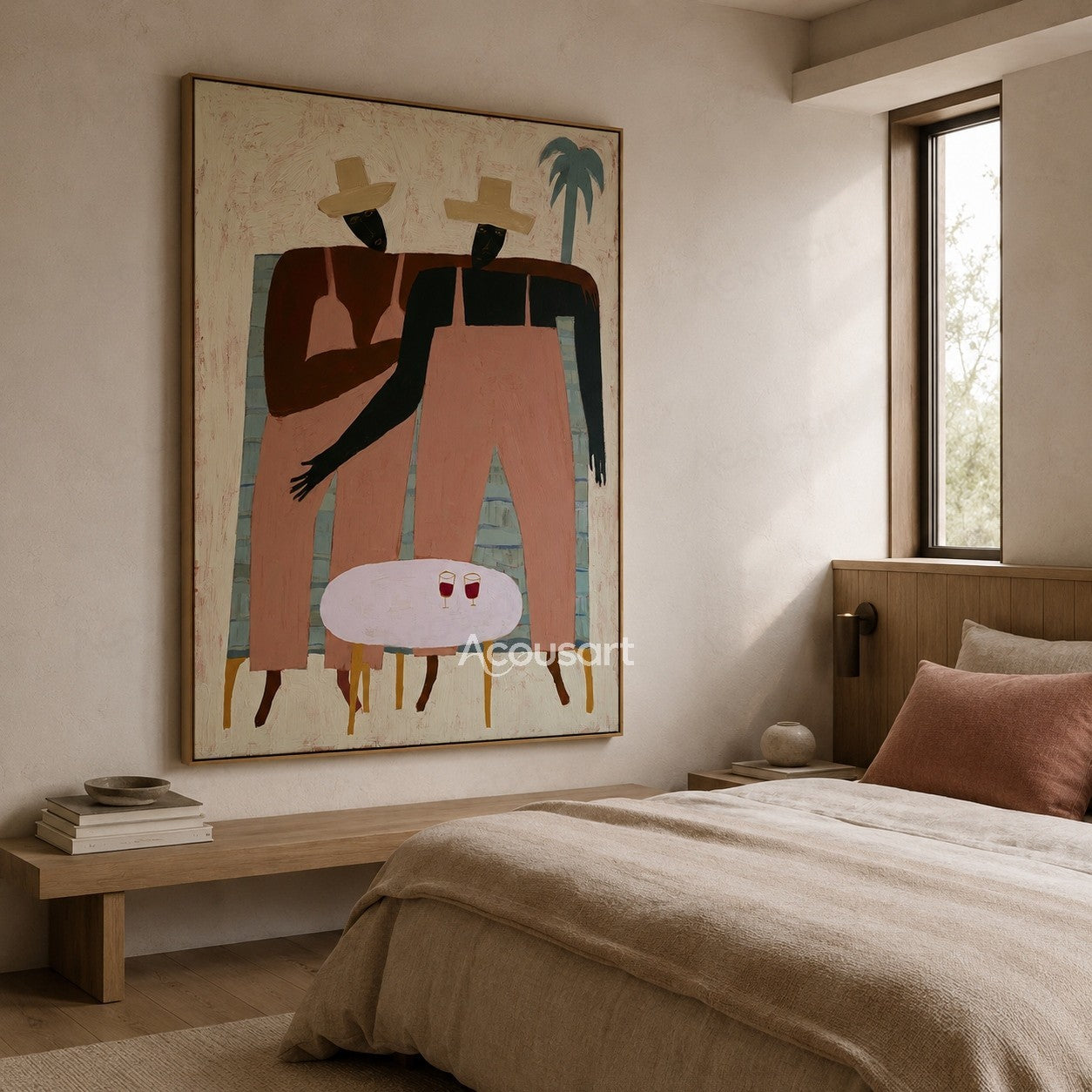 Modern figurative wall art of two women in cream sun hats sitting together with drinks and a blue palm tree