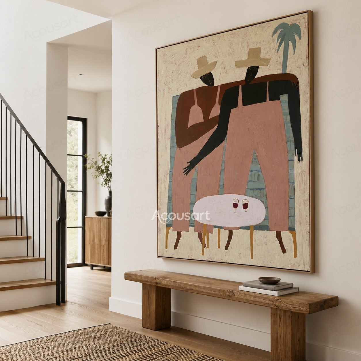 Modern figurative wall art of two women in cream sun hats sitting together with drinks and a blue palm tree